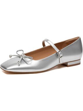 Women's Mary Jane Flats Square Silver Toe Ballet Flats Shoes with Buckle Strap